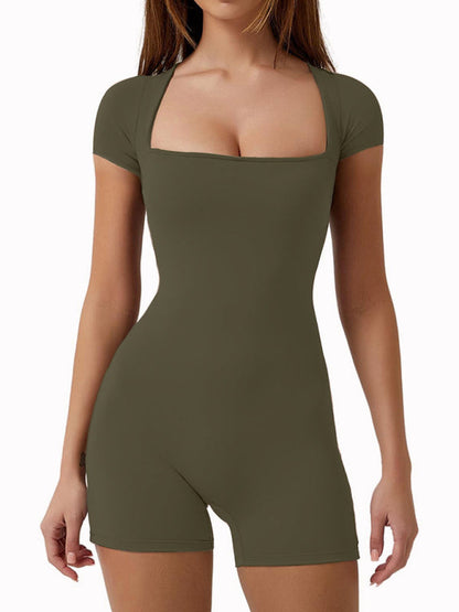 Tight Playsuits- Solid Tight Playsuit for Women - Short Sleeve Unitard Romper- Olive green- IndioGear Fashion and Gear