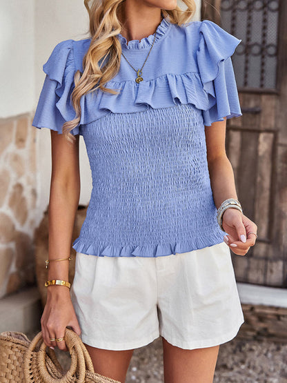 Top- Be Unstoppable in This Comfortable and Fashionable Ruffle Sleeve Blouse - Top- Blue- IndioGear Fashion and Gear