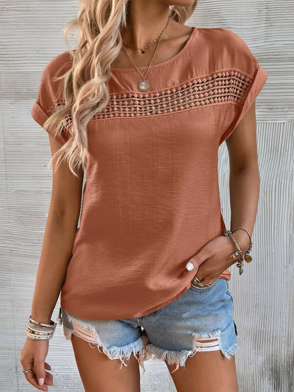 Top- Boho Chic T-Shirt with Lace Trim for Women- - IndioGear Fashion and Gear