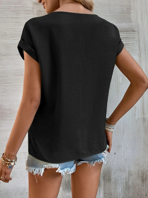 Top- Boho Chic T-Shirt with Lace Trim for Women- - IndioGear Fashion and Gear