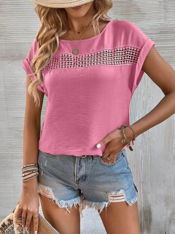 Top- Boho Chic T-Shirt with Lace Trim for Women- - IndioGear Fashion and Gear