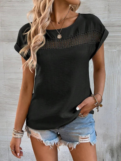 Top- Boho Chic T-Shirt with Lace Trim for Women- Black- IndioGear Fashion and Gear