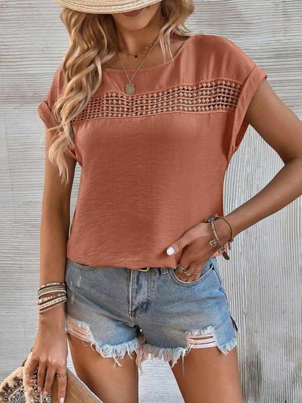 Top- Boho Chic T-Shirt with Lace Trim for Women- Brown- IndioGear Fashion and Gear