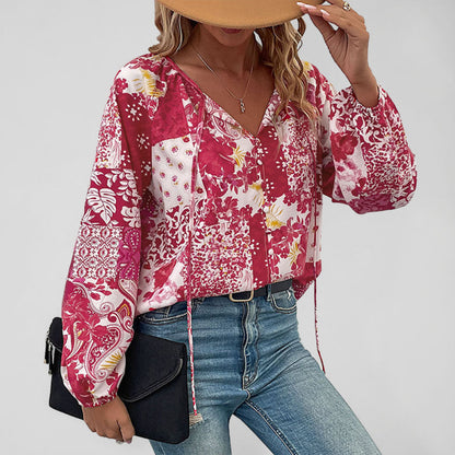 Top- Boho Floral Blouse with Balloon Sleeves and V-Neck for Women- Red- IndioGear Fashion and Gear