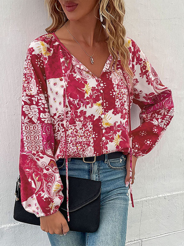 Top- Boho Floral Blouse with Balloon Sleeves and V-Neck for Women- - IndioGear Fashion and Gear