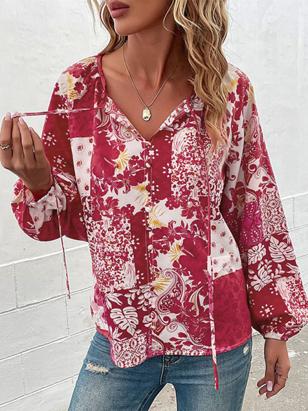 Top- Boho Floral Blouse with Balloon Sleeves and V-Neck for Women- - IndioGear Fashion and Gear