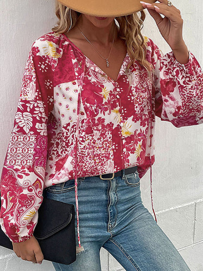 Top- Boho Floral Blouse with Balloon Sleeves and V-Neck for Women- - IndioGear Fashion and Gear