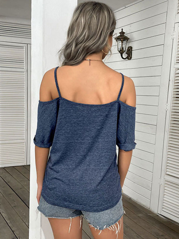 Top- Casual Women's Spaghetti Strap T-Shirt with Cold Shoulder and Open Back- - IndioGear Fashion and Gear