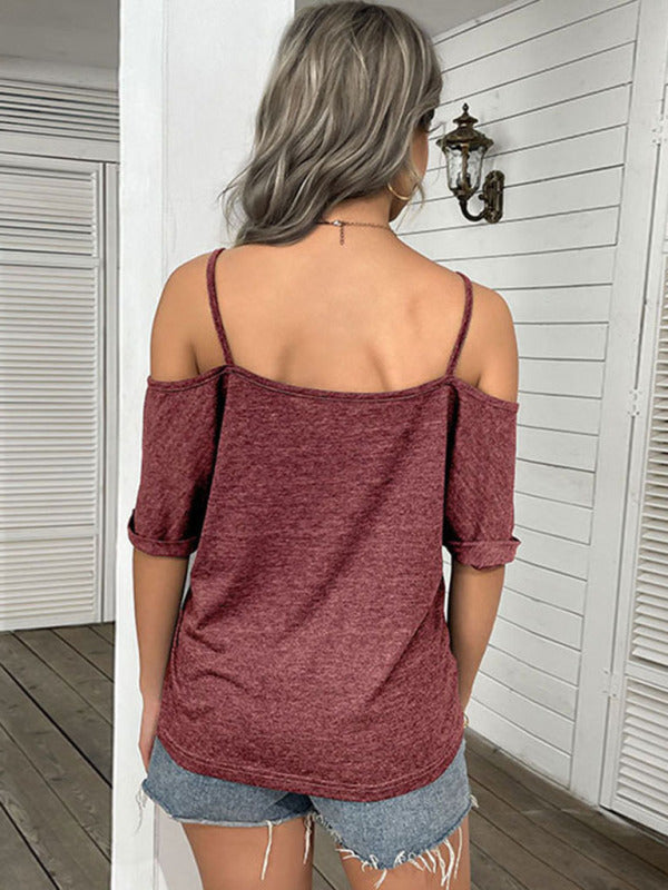 Top- Casual Women's Spaghetti Strap T-Shirt with Cold Shoulder and Open Back- - IndioGear Fashion and Gear