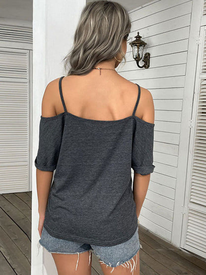 Top- Casual Women's Spaghetti Strap T-Shirt with Cold Shoulder and Open Back- - IndioGear Fashion and Gear