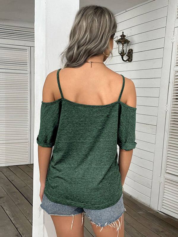 Top- Casual Women's Spaghetti Strap T-Shirt with Cold Shoulder and Open Back- - IndioGear Fashion and Gear