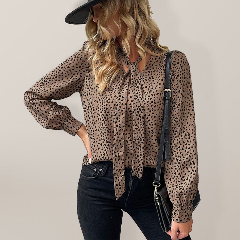 Top- Cheetah Print Tie Tunic Blouse - Women's Top- Khaki- IndioGear Fashion and Gear