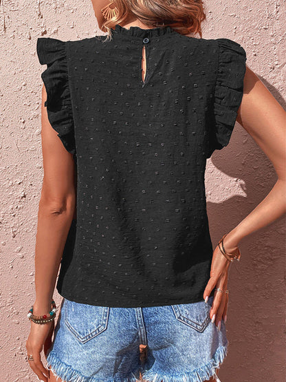 Top- Chic Dotted Delight: Women's Blouse with Mock Neck & Guipure Lace Inlay- - IndioGear Fashion and Gear