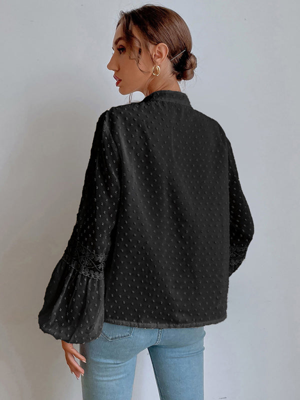 Top- Chiffon Swiss Dot Casual Blouse with Long Sleeves- - IndioGear Fashion and Gear