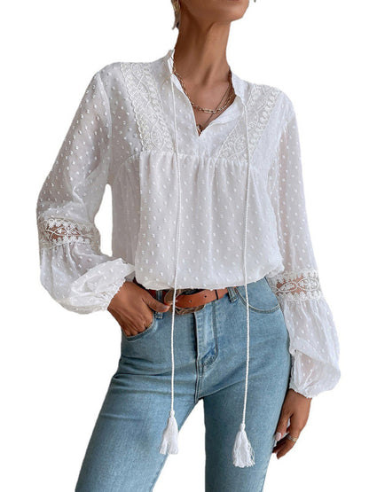 Top- Chiffon Swiss Dot Casual Blouse with Long Sleeves- - IndioGear Fashion and Gear