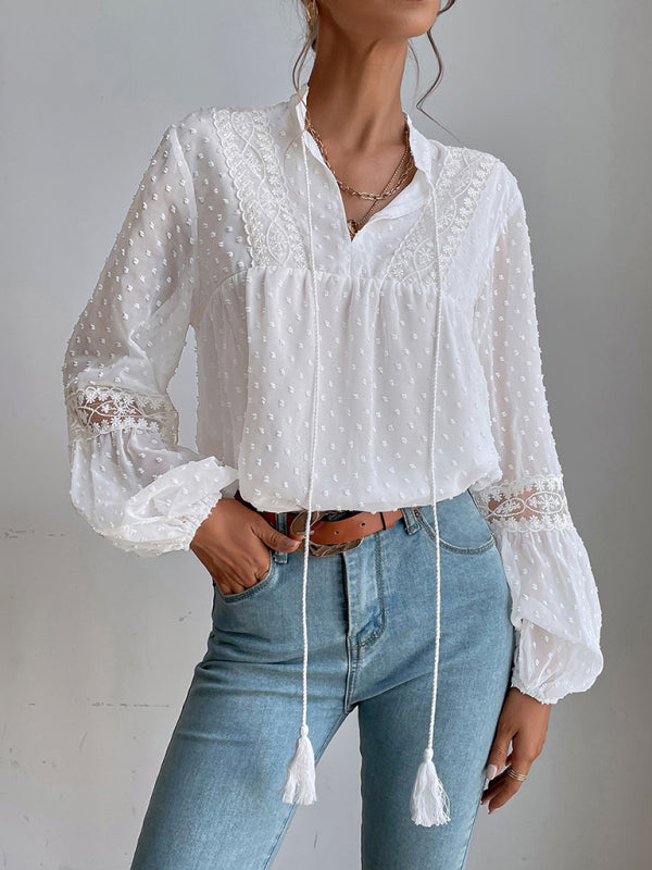 Top- Chiffon Swiss Dot Casual Blouse with Long Sleeves- - IndioGear Fashion and Gear