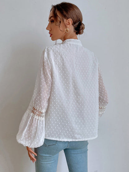 Top- Chiffon Swiss Dot Casual Blouse with Long Sleeves- - IndioGear Fashion and Gear