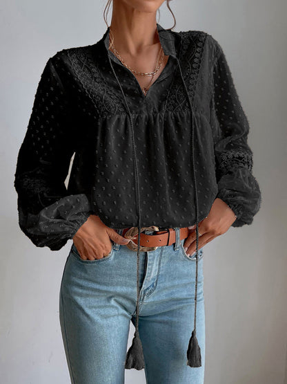 Top- Chiffon Swiss Dot Casual Blouse with Long Sleeves- - IndioGear Fashion and Gear