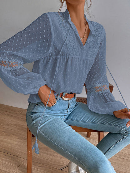 Top- Chiffon Swiss Dot Casual Blouse with Long Sleeves- - IndioGear Fashion and Gear