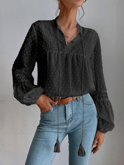 Top- Chiffon Swiss Dot Casual Blouse with Long Sleeves- - IndioGear Fashion and Gear