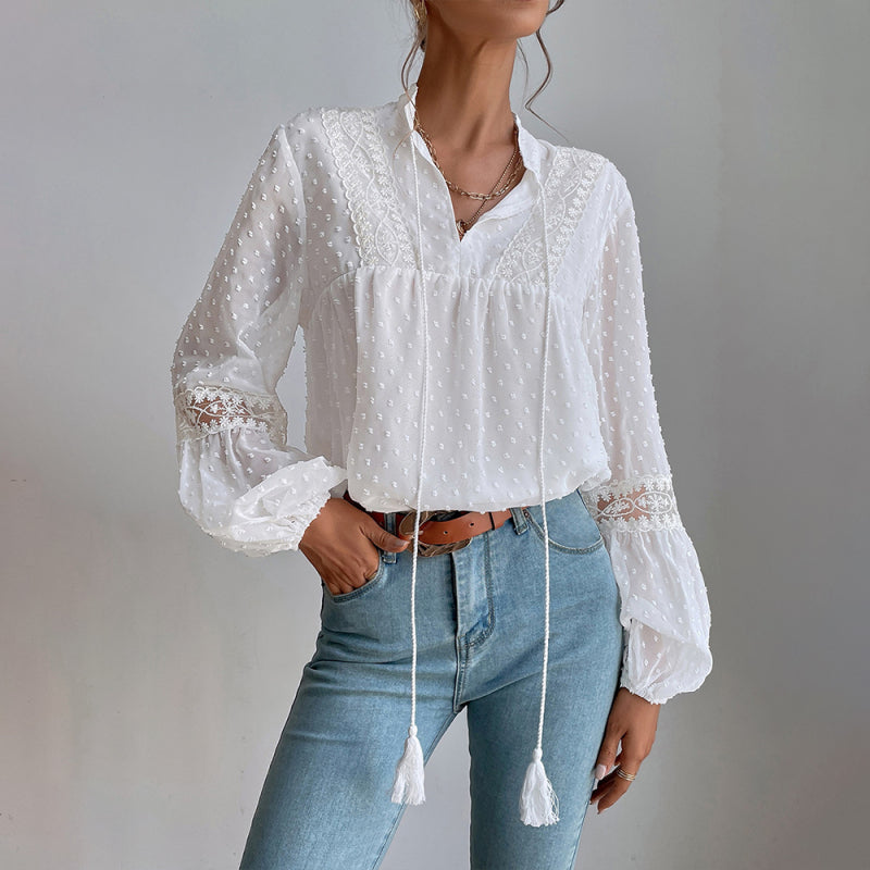 Top- Chiffon Swiss Dot Casual Blouse with Long Sleeves- White- IndioGear Fashion and Gear