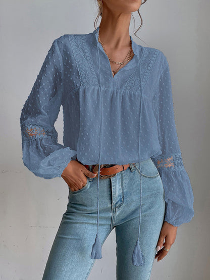 Top- Chiffon Swiss Dot Casual Blouse with Long Sleeves- Blue- IndioGear Fashion and Gear