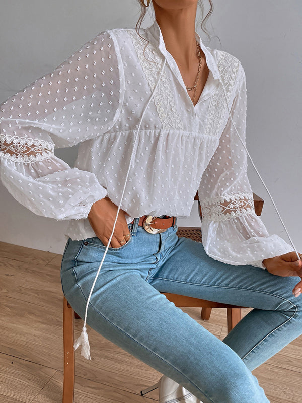 Top- Chiffon Swiss Dot Casual Blouse with Long Sleeves- - IndioGear Fashion and Gear