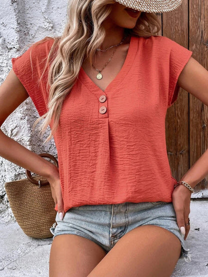 Top- Classic V-Neck Button-Up T-Shirt Top for Women- - IndioGear Fashion and Gear