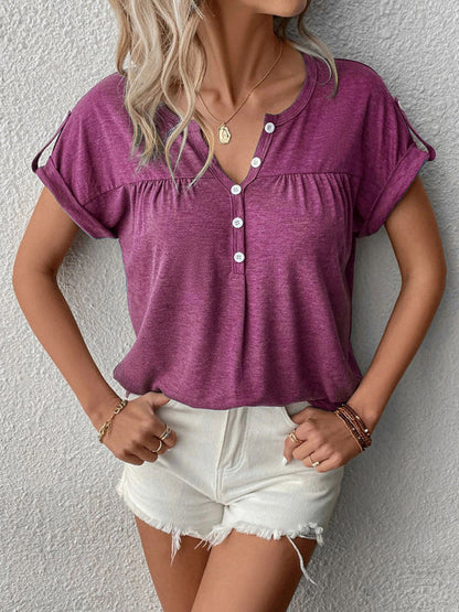 Top- Cotton Half-Button Short Sleeve Tee - Summer T-Shirt- - IndioGear Fashion and Gear