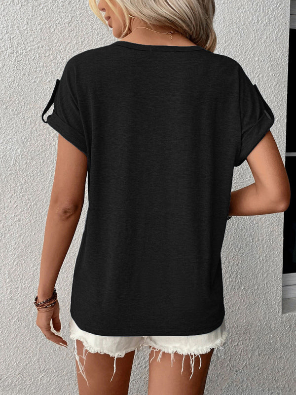 Top- Cotton Half-Button Short Sleeve Tee - Summer T-Shirt- - IndioGear Fashion and Gear