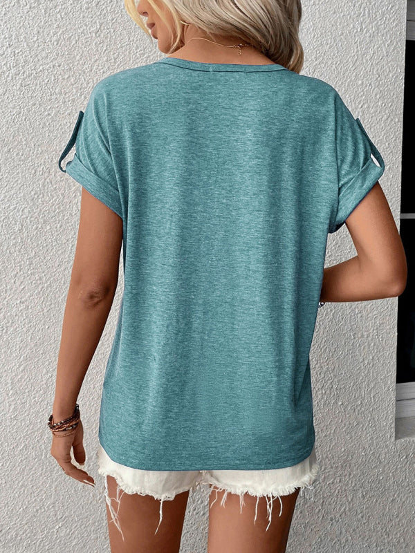 Top- Cotton Half-Button Short Sleeve Tee - Summer T-Shirt- - IndioGear Fashion and Gear