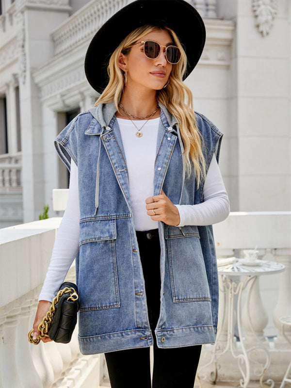 Top- Denim Jean Utility Vest - Waistcoat Sleeveless Jacket- - IndioGear Fashion and Gear