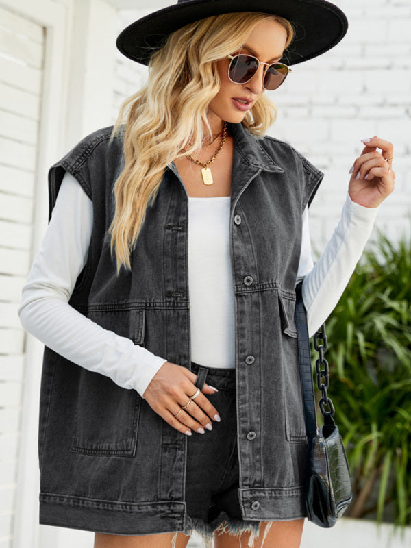 Top- Denim Jean Utility Vest - Waistcoat Sleeveless Jacket- Black- IndioGear Fashion and Gear