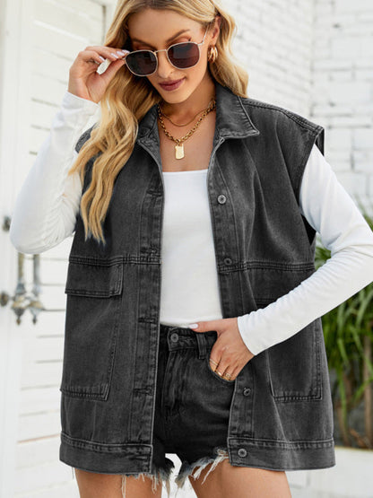 Top- Denim Jean Utility Vest - Waistcoat Sleeveless Jacket- - IndioGear Fashion and Gear