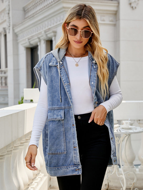 Top- Denim Jean Utility Vest - Waistcoat Sleeveless Jacket- - IndioGear Fashion and Gear