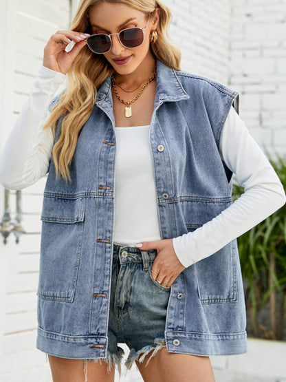 Top- Denim Jean Utility Vest - Waistcoat Sleeveless Jacket- - IndioGear Fashion and Gear