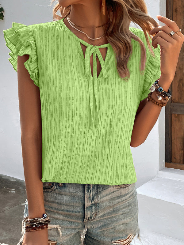 Top- Discover Your Glamour: Women's Textured Ruffle Sleeves T-shirt Blouse- Green- IndioGear Fashion and Gear