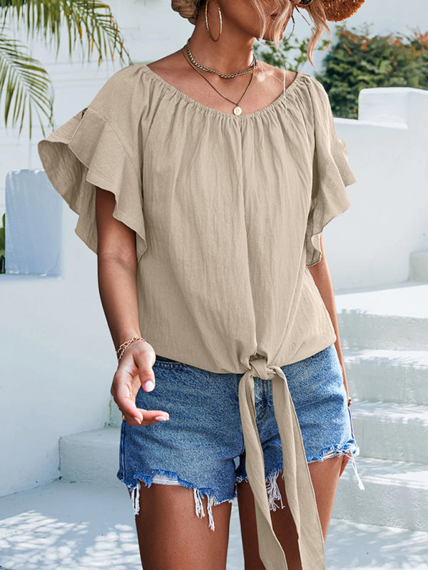 Top- Draped Boat Neck Blouse | Summer Flowy Top with Short Sleeves- - IndioGear Fashion and Gear