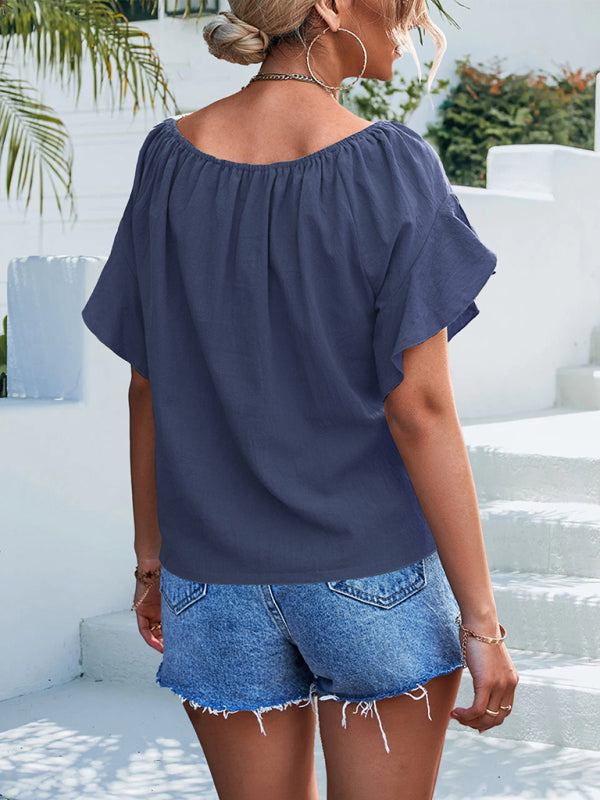 Top- Draped Boat Neck Blouse | Summer Flowy Top with Short Sleeves- - IndioGear Fashion and Gear