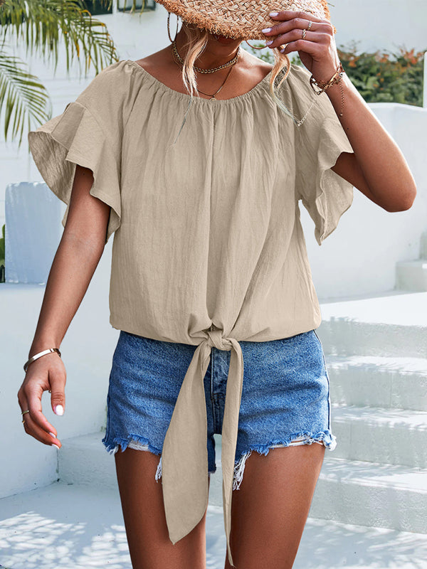 Top- Draped Boat Neck Blouse | Summer Flowy Top with Short Sleeves- - IndioGear Fashion and Gear