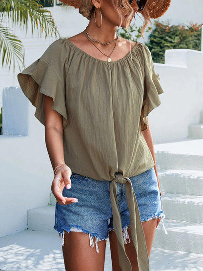 Top- Draped Boat Neck Blouse | Summer Flowy Top with Short Sleeves- - IndioGear Fashion and Gear