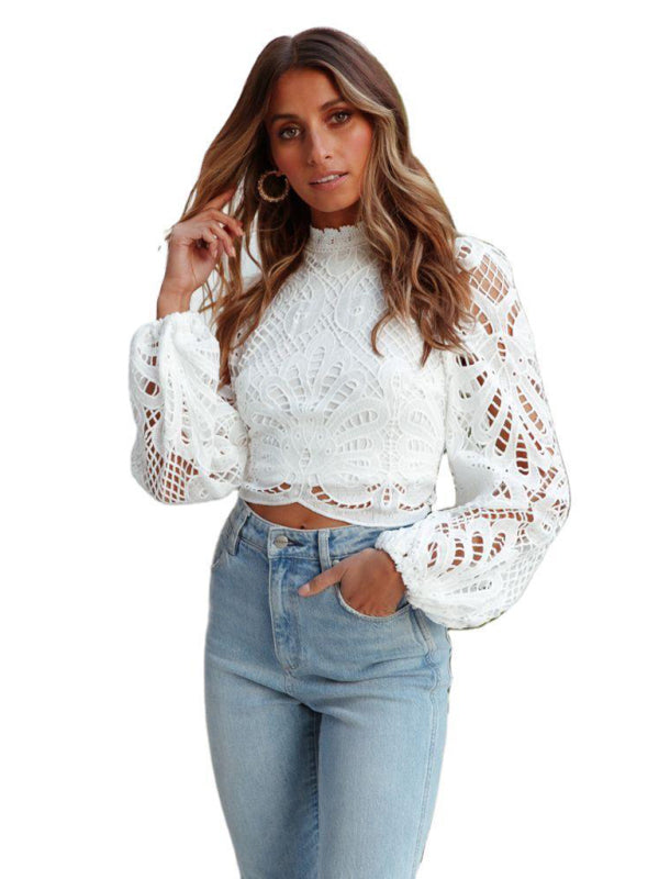 Top- Elegant Cotton Lace Lantern Sleeve High Neck Crop Blouse- - IndioGear Fashion and Gear