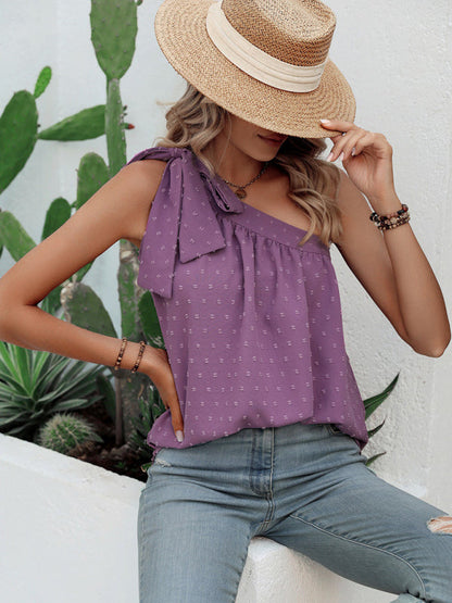 Top- Elegant Dotty One Shoulder Blouse | Summer Asymmetric Top- Purple- IndioGear Fashion and Gear