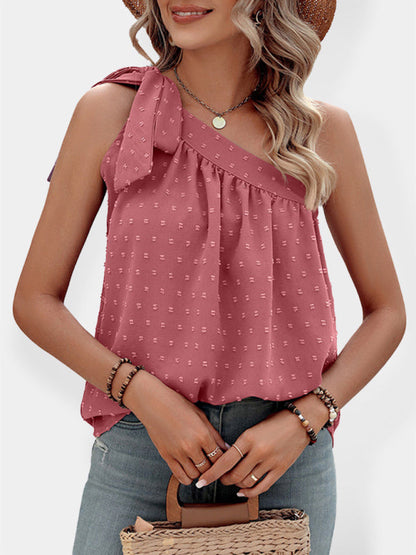 Top- Elegant Dotty One Shoulder Blouse | Summer Asymmetric Top- Red bean grey- IndioGear Fashion and Gear