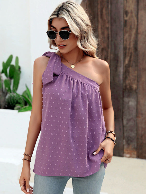 Top- Elegant Dotty One Shoulder Blouse | Summer Asymmetric Top- - IndioGear Fashion and Gear