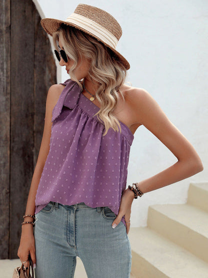 Top- Elegant Dotty One Shoulder Blouse | Summer Asymmetric Top- - IndioGear Fashion and Gear