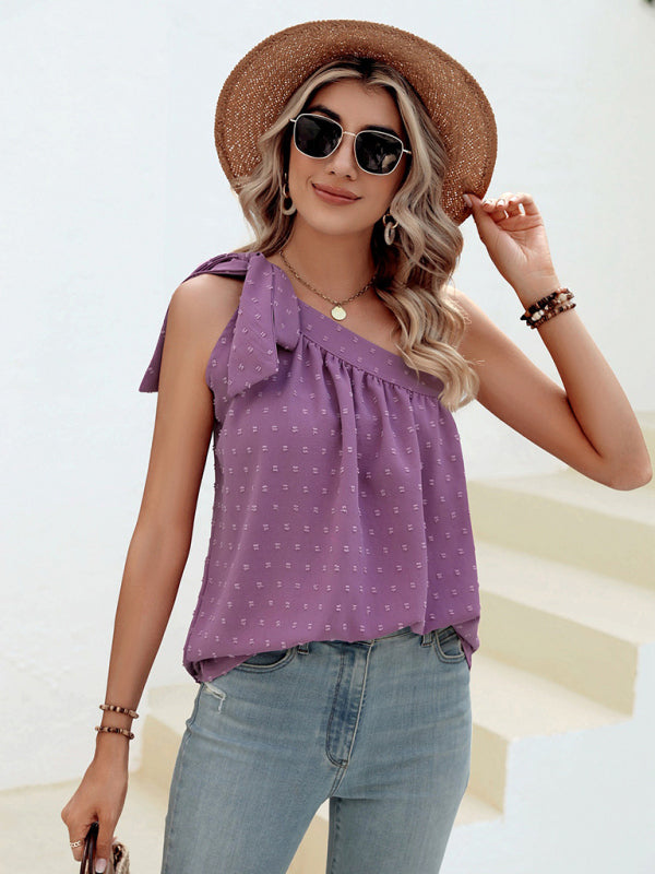 Top- Elegant Dotty One Shoulder Blouse | Summer Asymmetric Top- - IndioGear Fashion and Gear