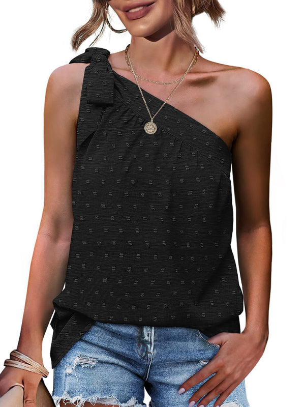 Top- Elegant Dotty One Shoulder Blouse | Summer Asymmetric Top- - IndioGear Fashion and Gear