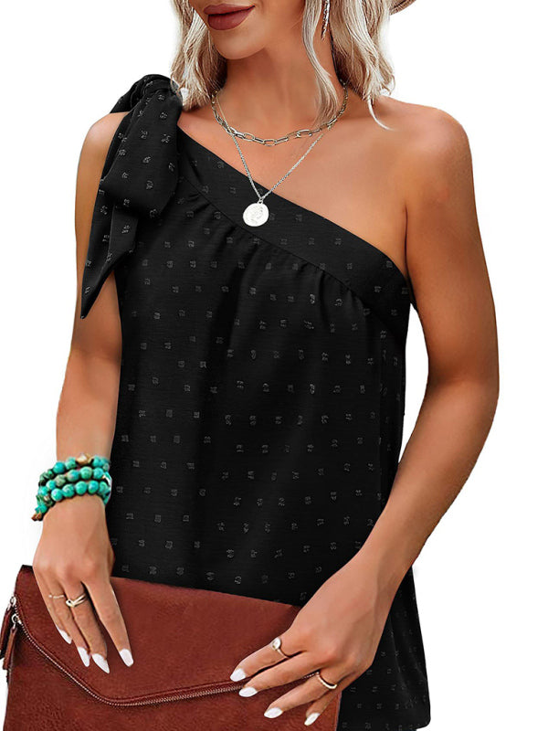 Top- Elegant Dotty One Shoulder Blouse | Summer Asymmetric Top- Black- IndioGear Fashion and Gear