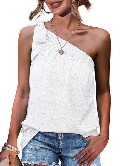 Top- Elegant Dotty One Shoulder Blouse | Summer Asymmetric Top- White- IndioGear Fashion and Gear